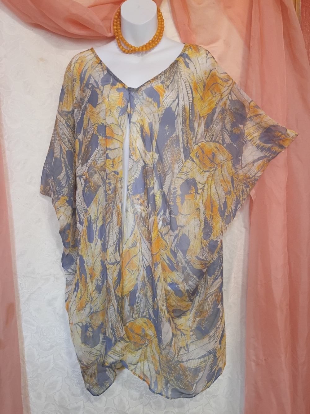 Wish Ladies Sheer Yellow & Gray Floral V-Neck Tunic Drape Top Sx XS